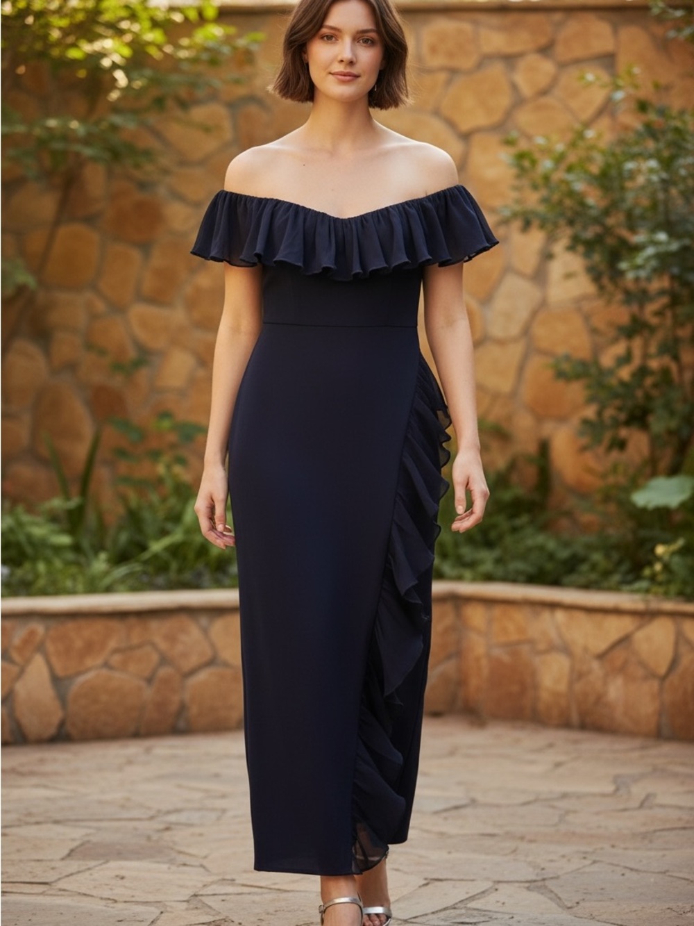 Likely Navy Off-Shoulder Ruffle Midi Dress